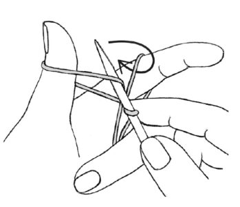 black and white illustration of a person picking up a thread of yarn from between…